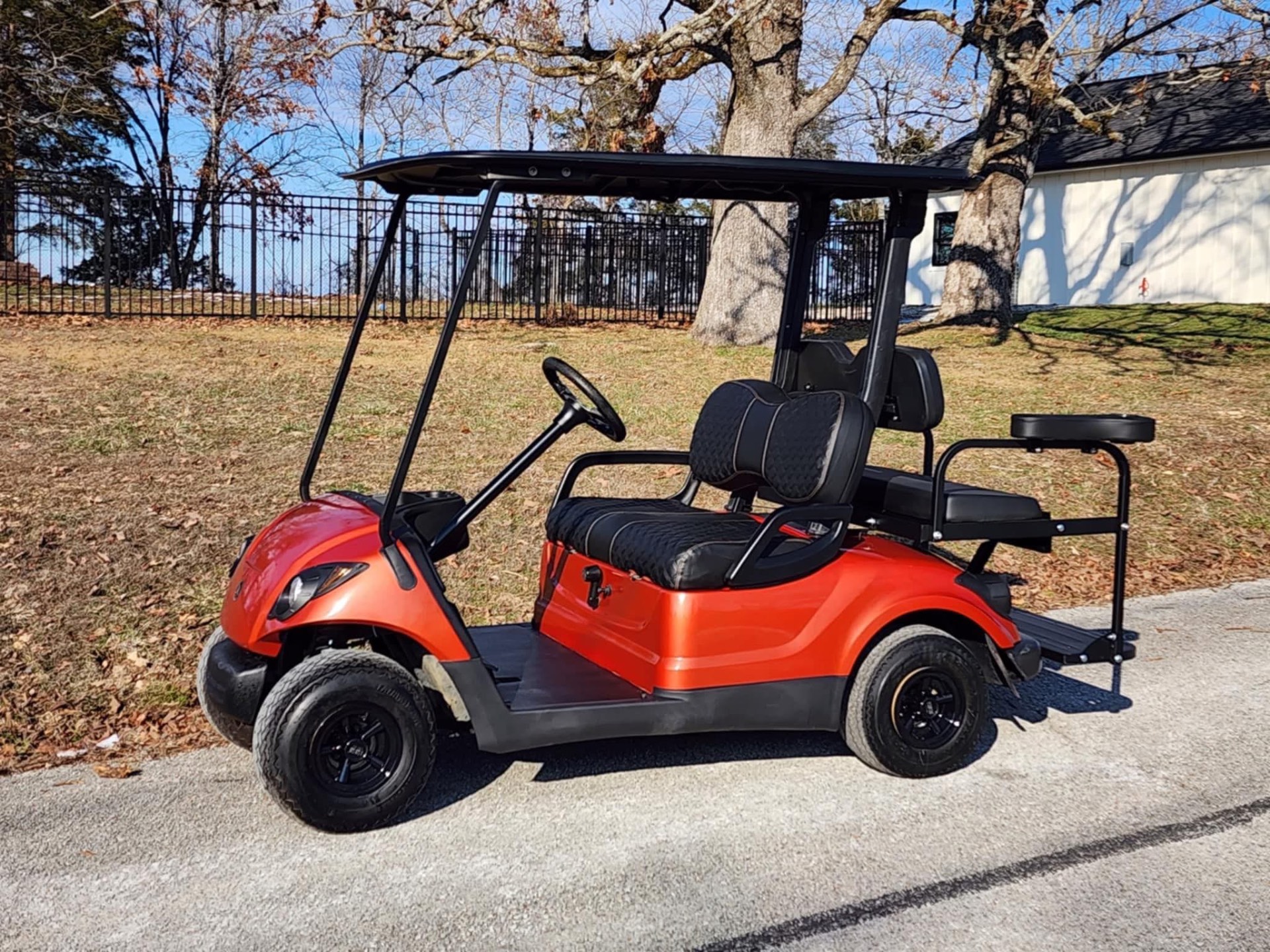 Orange Yamaha 2+2 — custom golf cart by Cartee-yay (Custom paint • Custom seats • Rear flip seat)